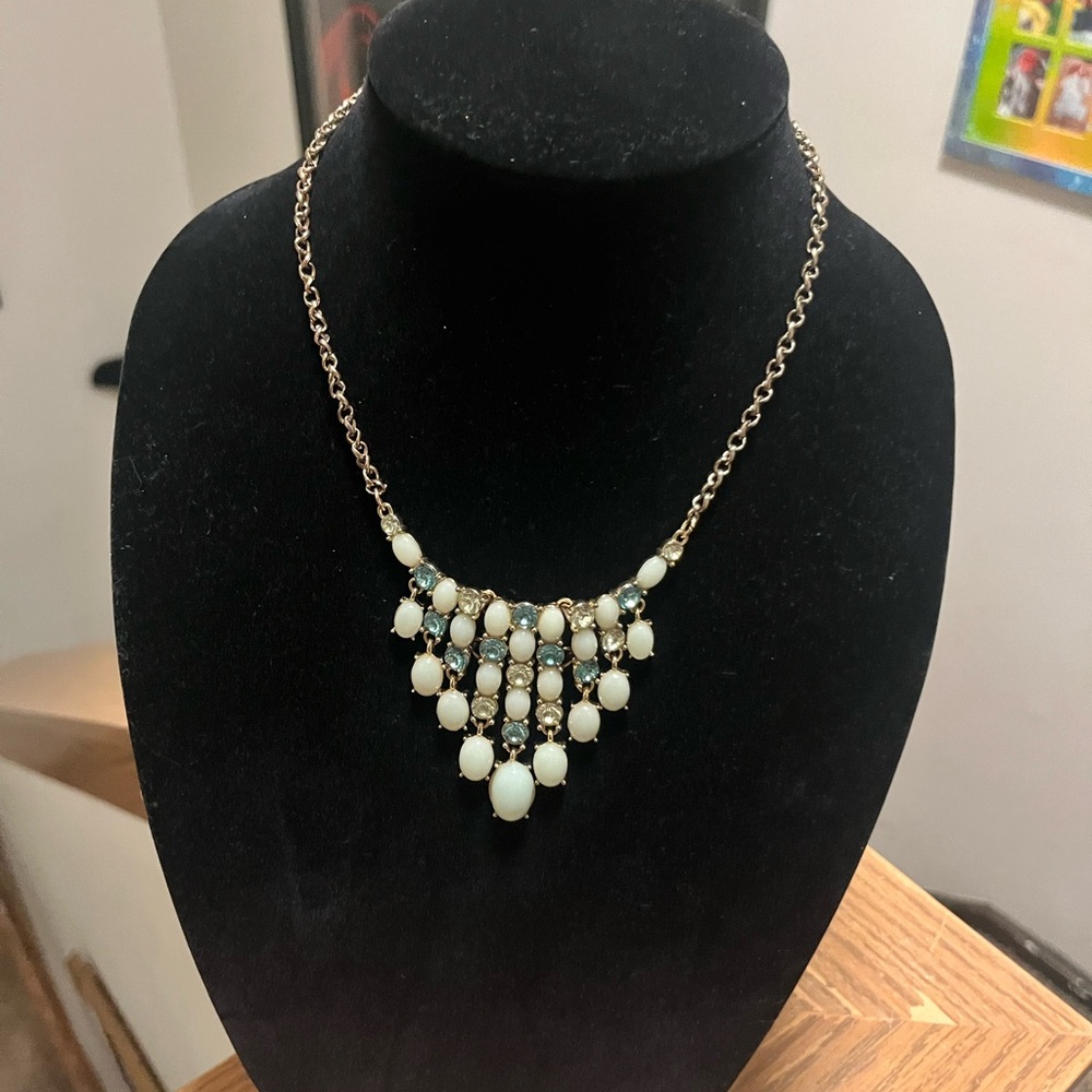 Trifari Gold Blue And Cream Rhinestone Necklace
